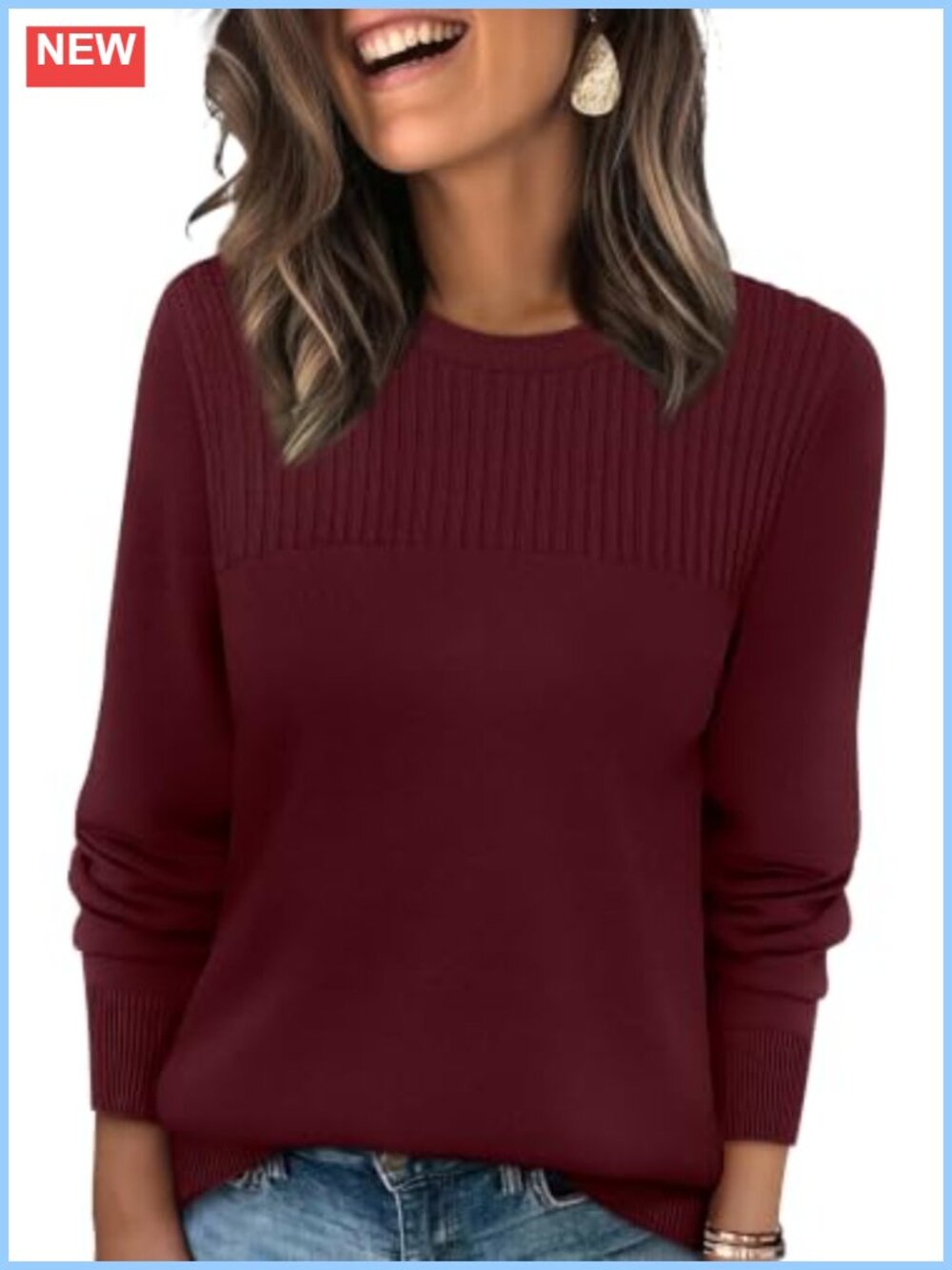 Women's Long Sleeve Ribbed Knit Pullover Sweater Crew Neck Cozy Fall Top